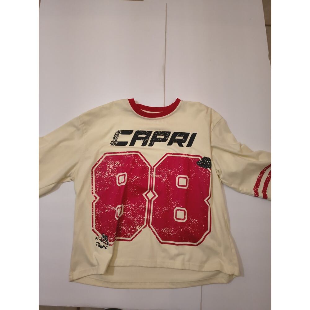 Capri Graphic Print Cream Red Jersey 3/4 Sleeve T-Shirt M Unisex Cotton